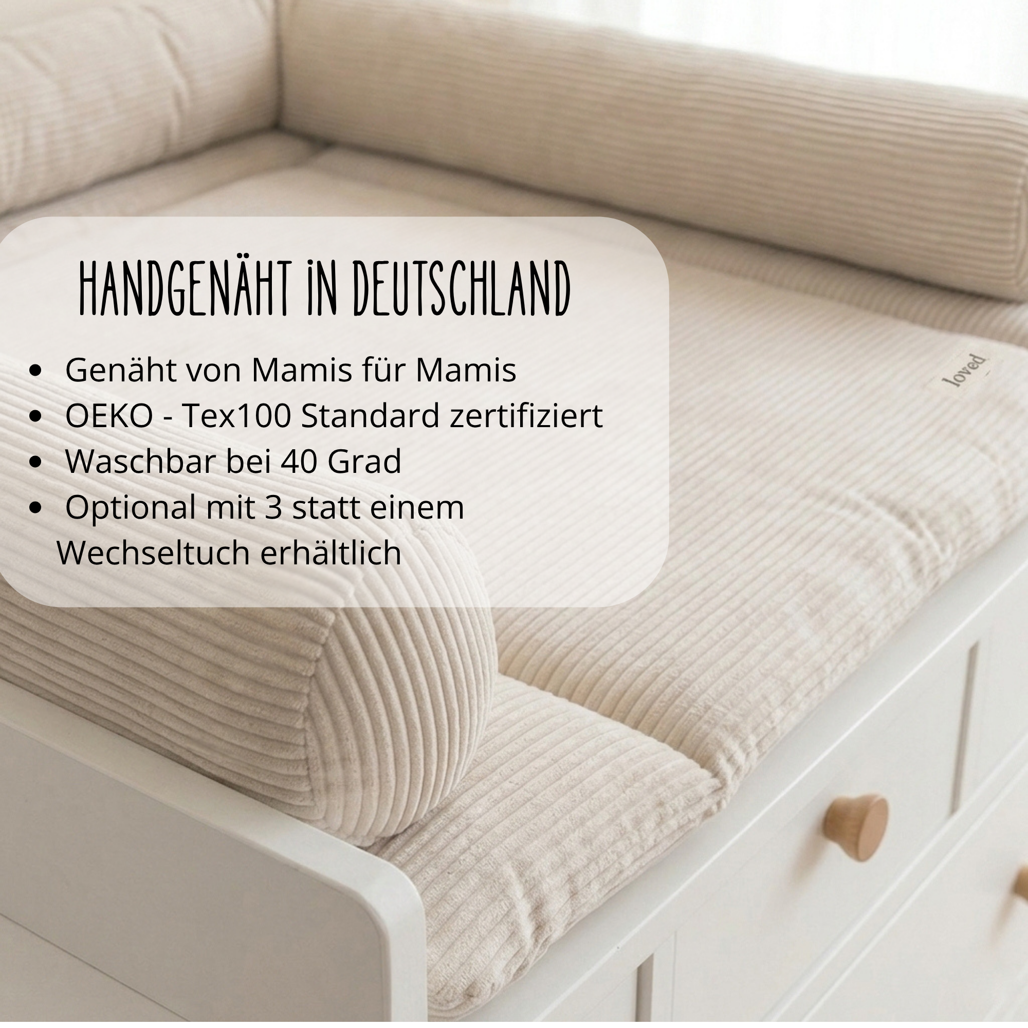 Wickelauflage mit Umrandung | 75x75 o. 85x75cm | Cord Wickelunterlage beige