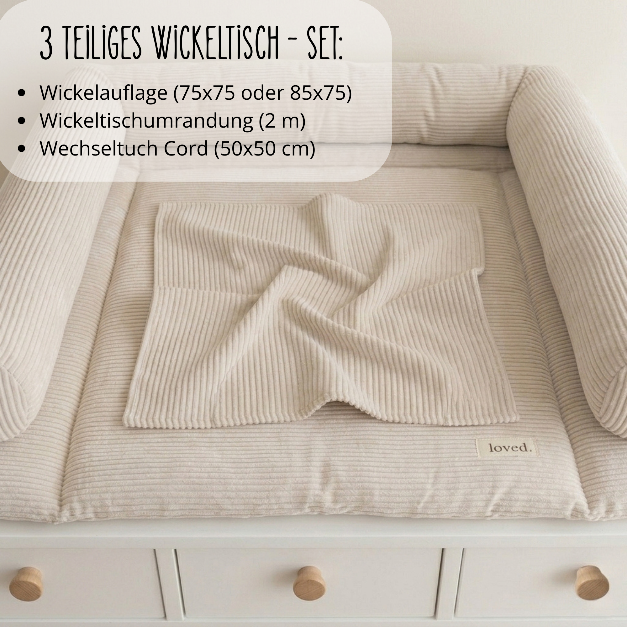 Wickelauflage mit Umrandung | 75x75 o. 85x75cm | Cord Wickelunterlage beige